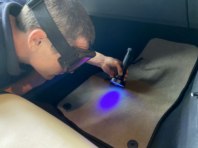 Car detailing using ultraviolet to find stains which might cause odour.